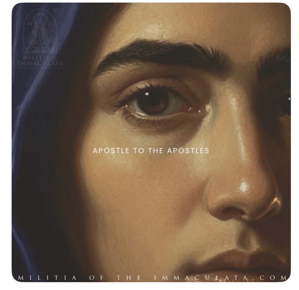 A painted close-up of Mary Magdalene in a dark blue veil, with the words Apostle to the Apostles across the image.